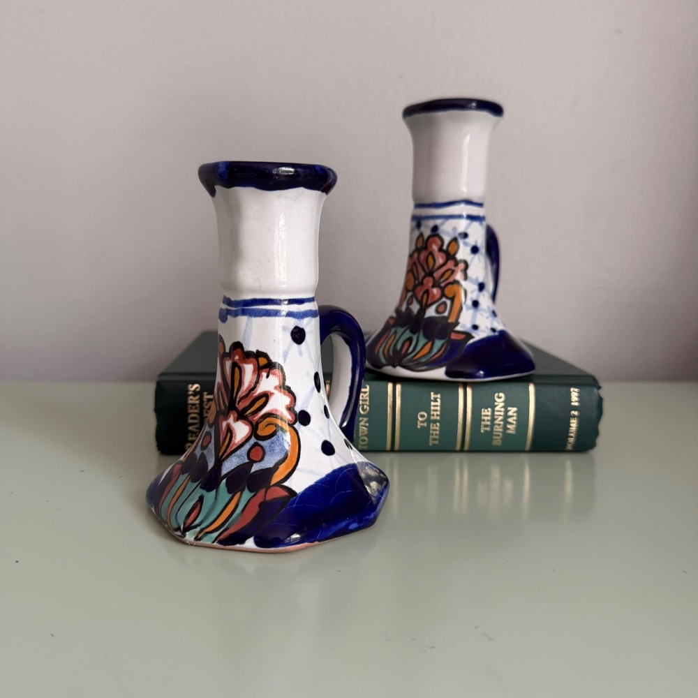 Talavera Mexican Pottery Candlestick Holders Hand Painted Floral Ceramic (2)